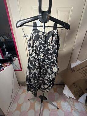 Fate Black Floral Strapless Drape Front Metallic Mini Dress Size M